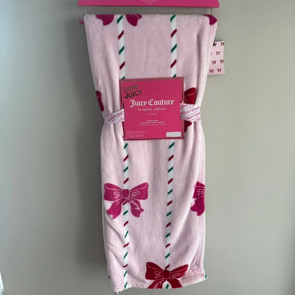 New Juicy Couture Christmas Pink Candy Cane Mint Bow Blanket 60x70 Red Green
